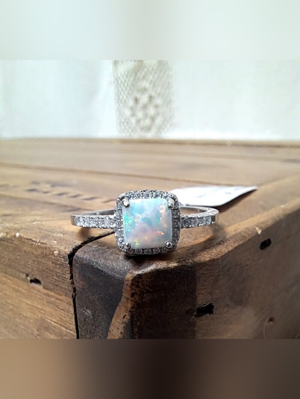 Sterling Silver White Opal & Moissanite Halo Ring Size 9 NWT
